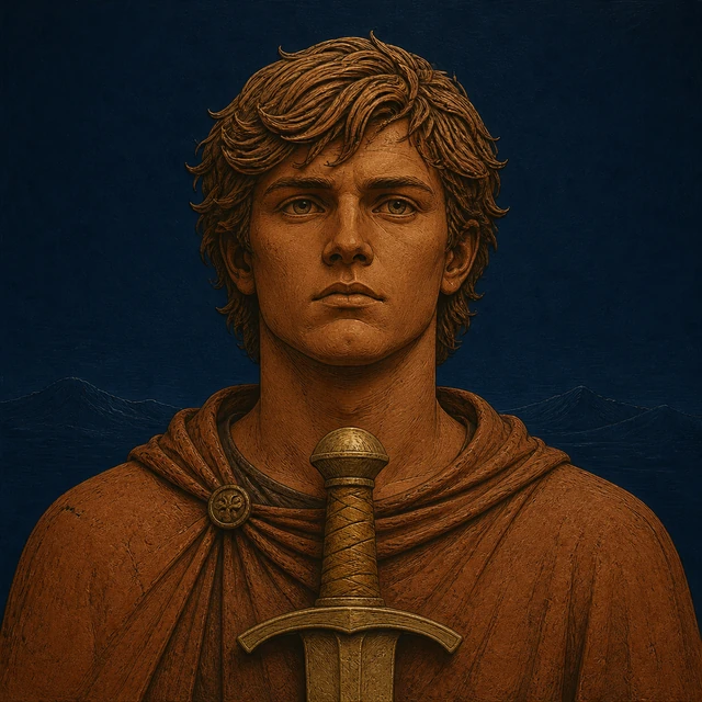 Helgi Hjorvarthsson, a young warrior with a worn-gold sword hilt.