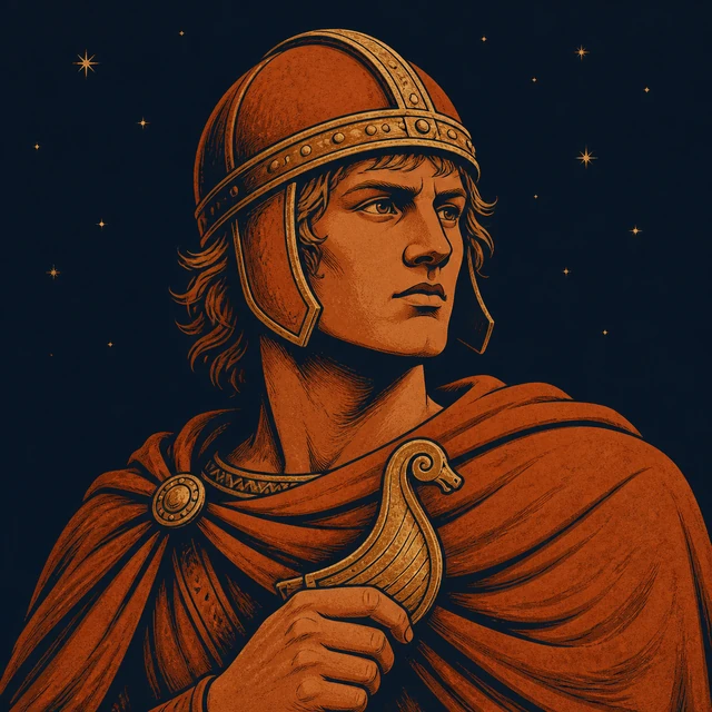 Helgi Hundingsbane, a terracotta young warrior holding a worn-gold ship-prow mark.