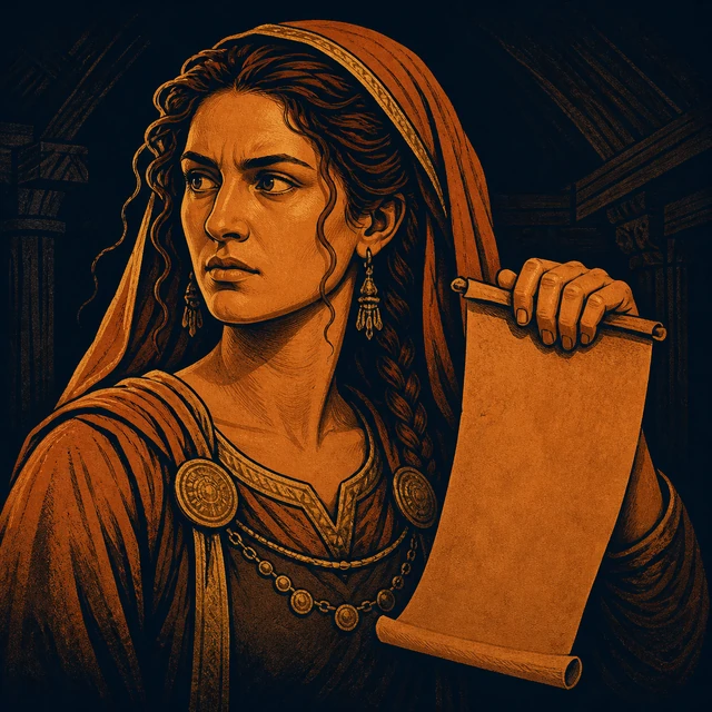 Herkja, a tense serving woman in a dark timber hall.
