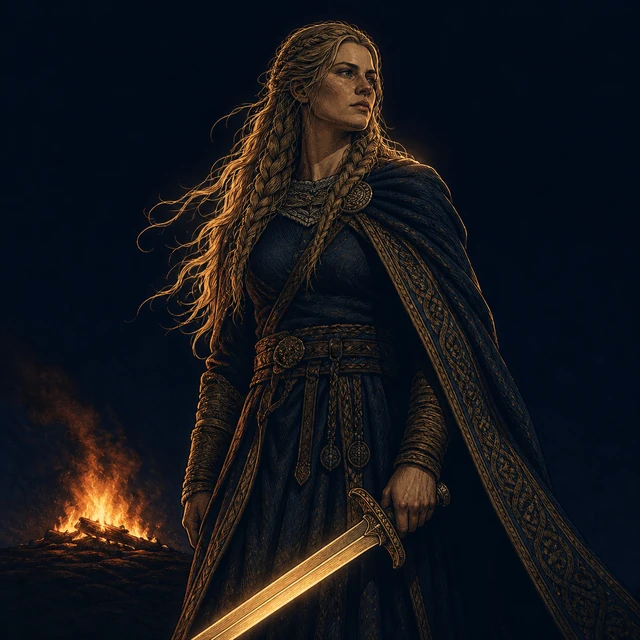 Hervor, a resolute woman holding a sword before burial-mound fire.
