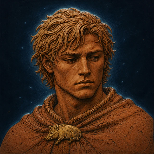 Hethin, a pensive young warrior with a dark-red vow mark at his collar.