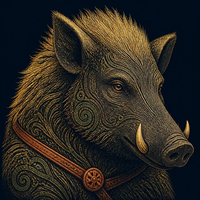 Hildisvini, a mythic dark boar with golden bristles and a simple harness.