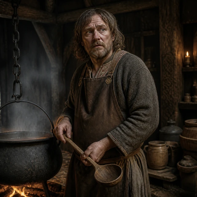 Hjalli, a cook with a ladle beside a smoky timber kitchen.