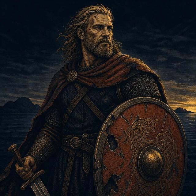 Hjalmar, a weary warrior with shield and sword before an island shore.