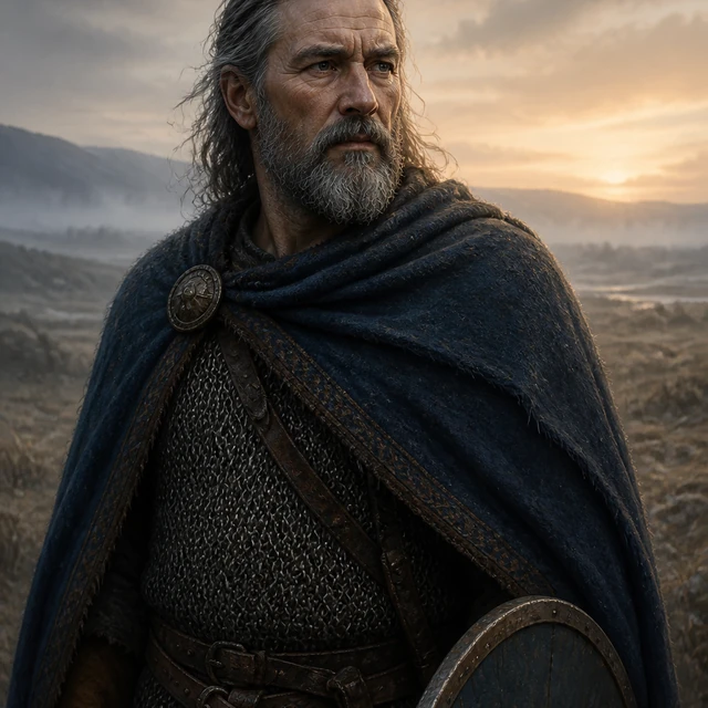 Hjalmgunnar, an older warrior in reflective morning mist.