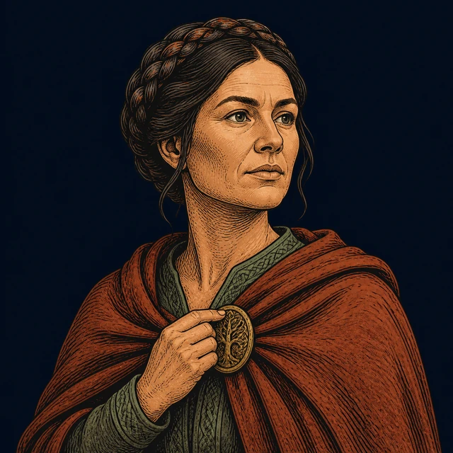 Hledis, Ottar’s mother in a terracotta cloak with crown braid and gold lineage brooch.