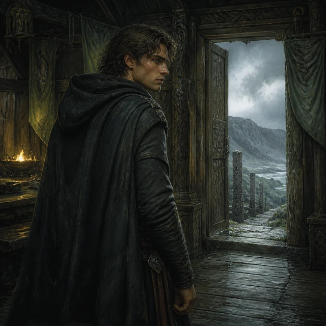 Hniflung, a controlled young avenger at a great-hall doorway.