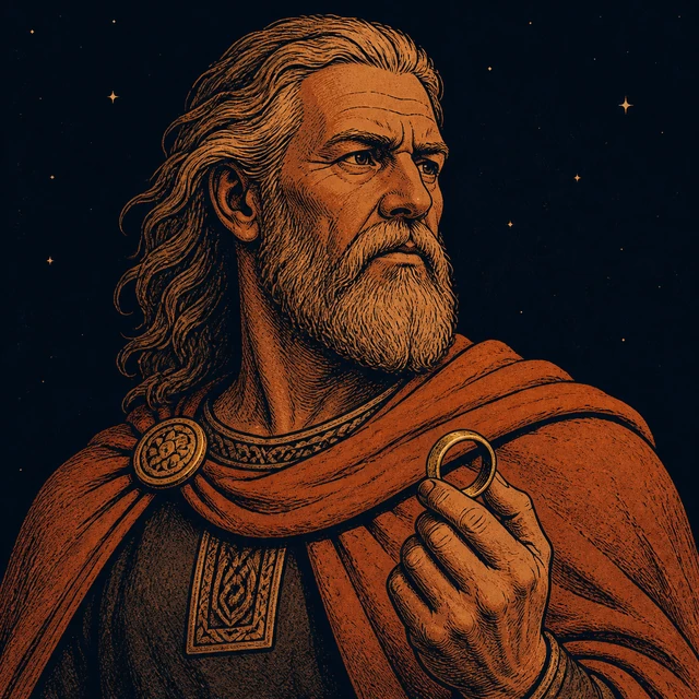 Hogni, an older father holding a worn-gold pledge ring.