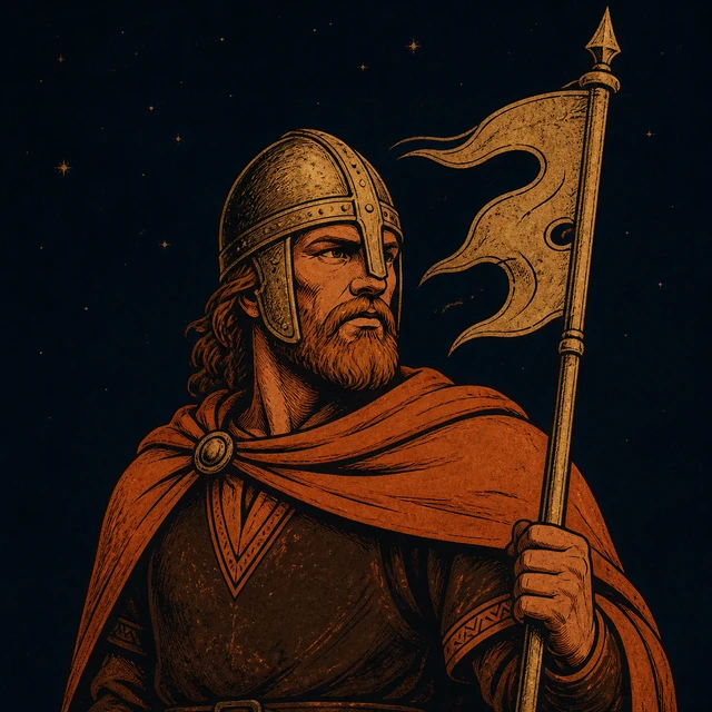 Hothbrodd, a warrior holding a worn-gold battle banner.