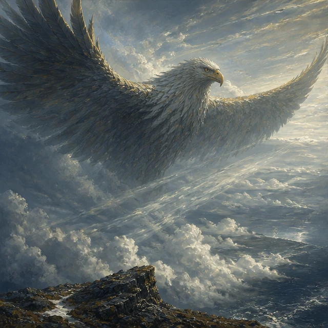 Hraesvelg, a colossal eagle form spreading wings above cloud and rock.