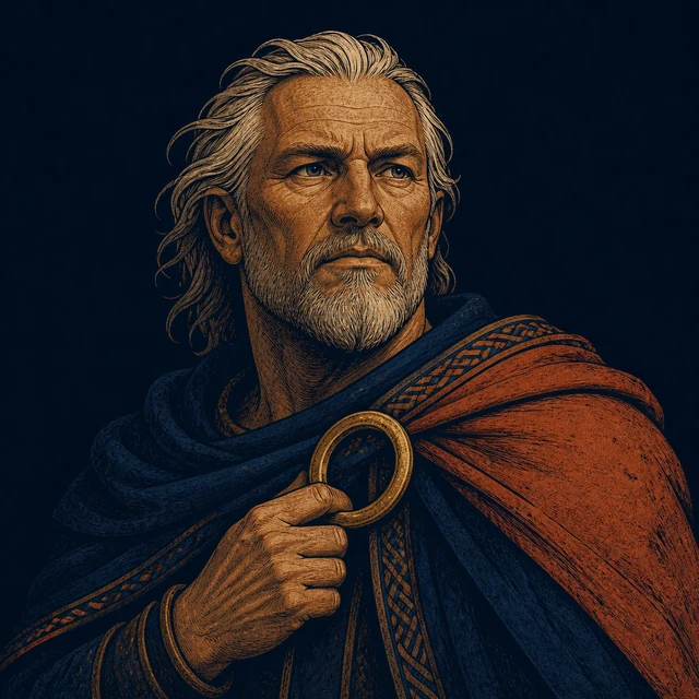 Hrauthung, an elder king with white hair and short beard in a navy and terracotta cloak, holding a gold landing ring.