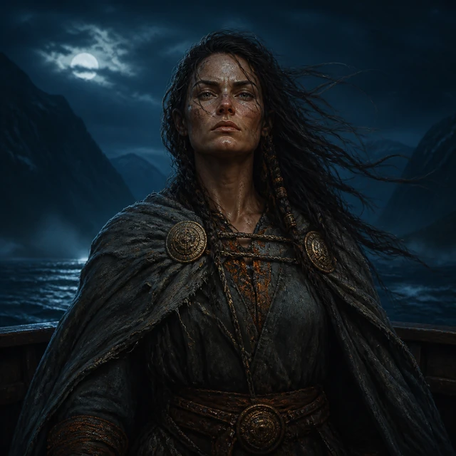 Hrimgerth, a resolute woman before a moonlit fjord.