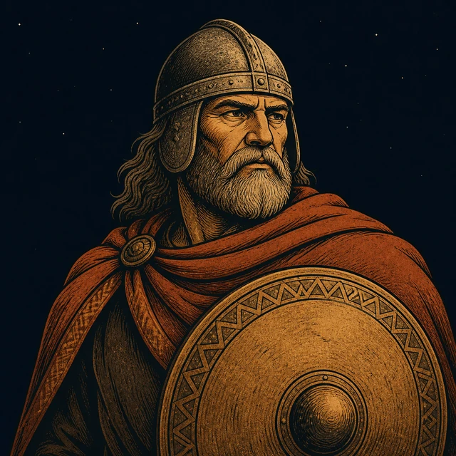 Hunding, an older helmed king with a worn-gold round shield.