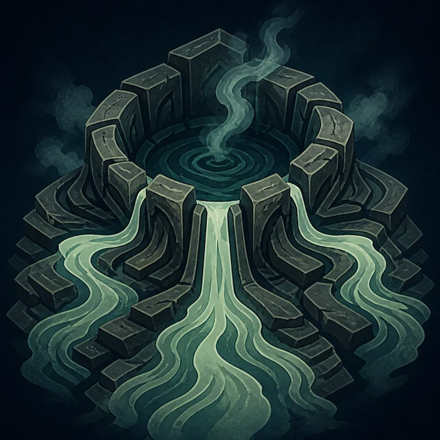Norse Lichen iron editorial illustration of Hvergelmir for the atlas detail view.
