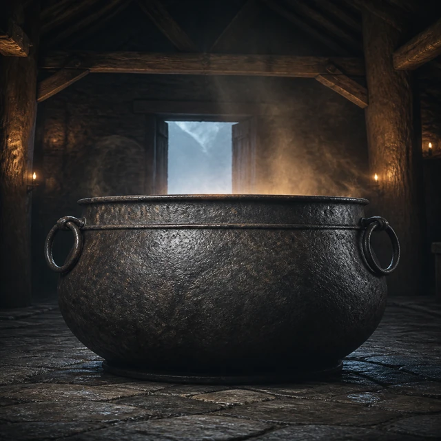Hymir’s Cauldron, an immense forged-iron kettle in a giant hall.
