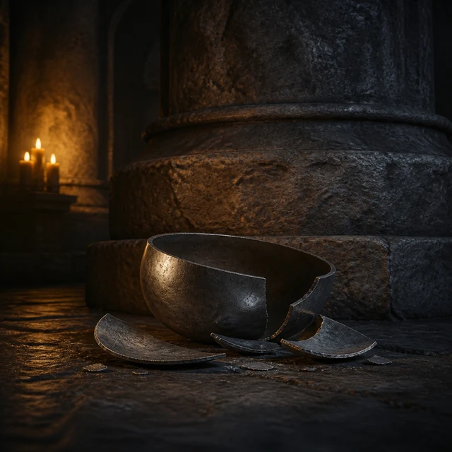 Hymir’s Cup, a dark-silver drinking cup broken before a stone pillar.
