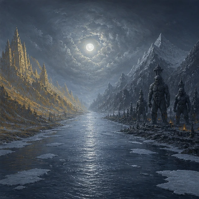 Ifing, an unfrozen moonlit river between distant worlds on its banks.