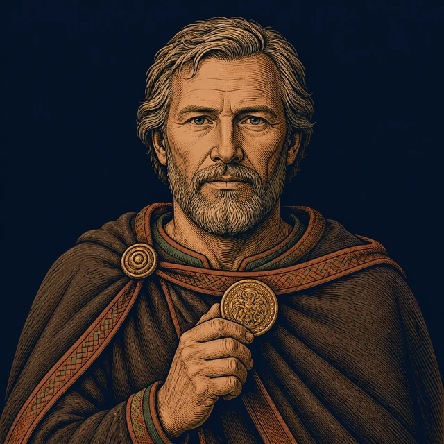 Instein, Ottar’s father in a woven cloak holding a family seal.