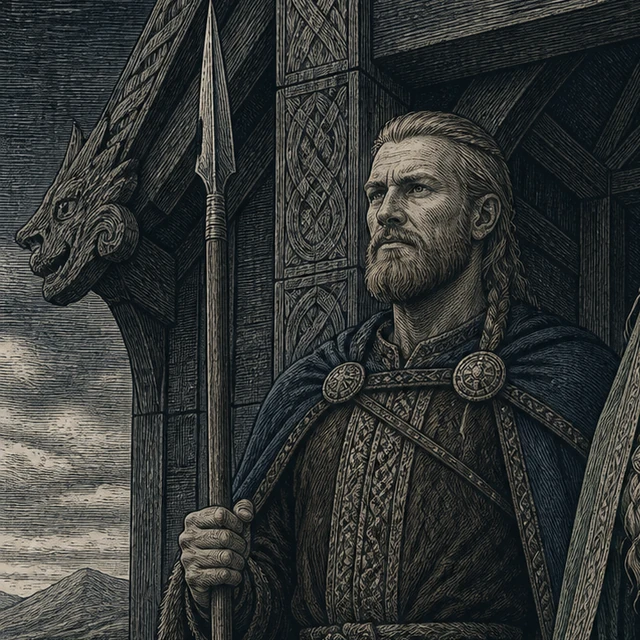 Jarl, a solemn figure holding one spear before a great hall.