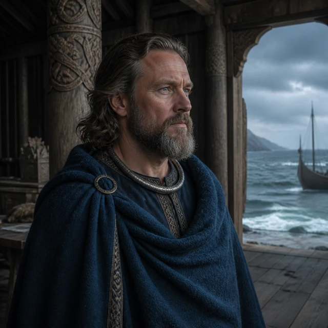 Jonak, a king in a dark-blue cloak at a sea-hall doorway.
