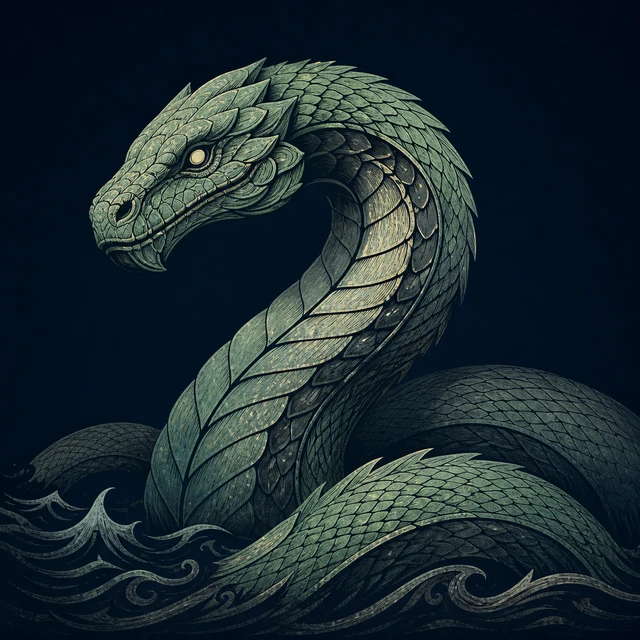 Norse Lichen iron editorial illustration of Jormungandr for the atlas detail view.