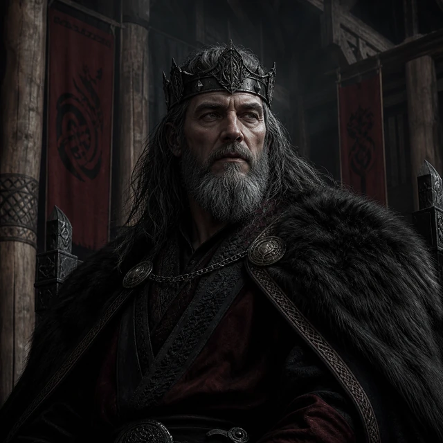 Jormunrek, an older king in an iron crown within a stone-and-timber hall.