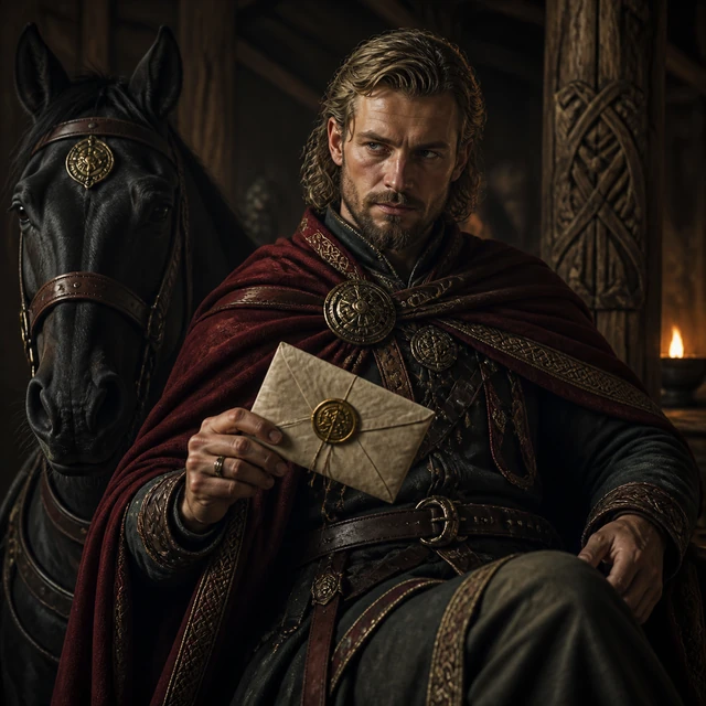 Knefröth, an envoy with a sealed invitation beside a dark timber hall.