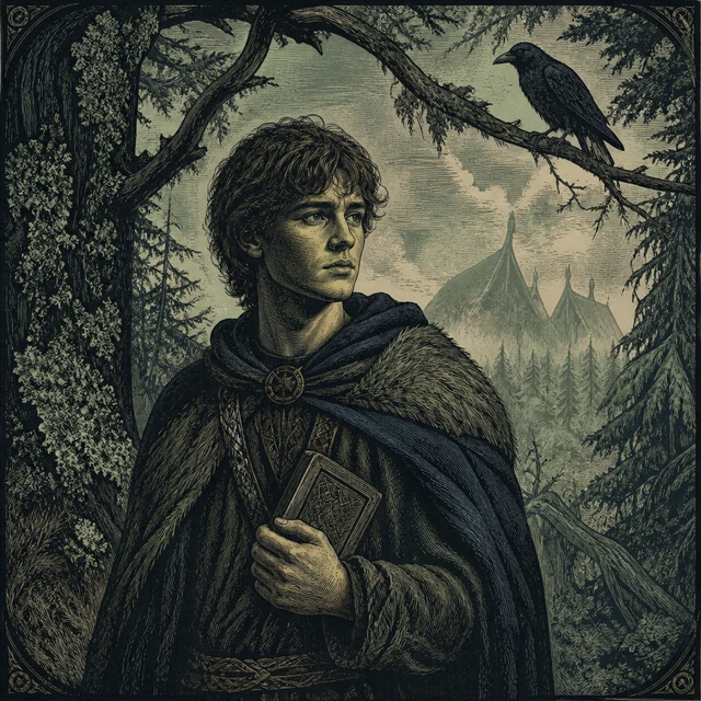 Young Kon, a youth in the forest holding a rune tablet and looking up at a crow.