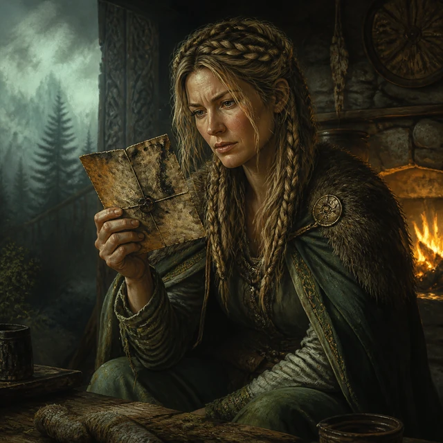 Kostbera, a woman reading a damaged message by firelight.