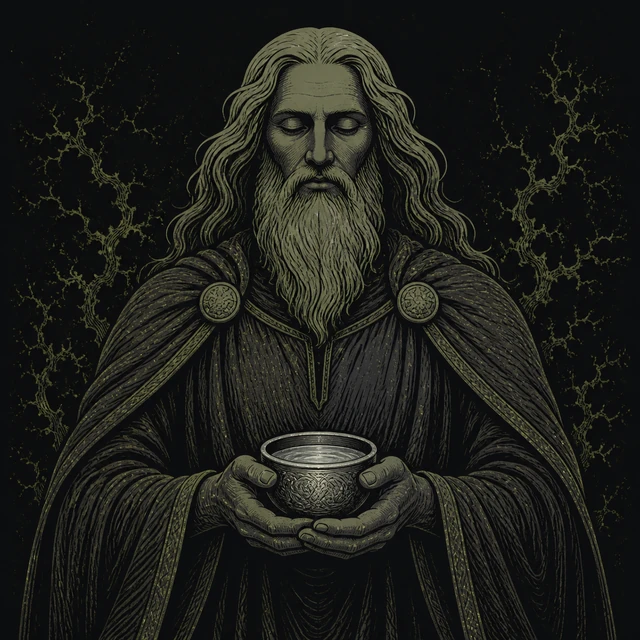 Norse-style detail illustration of Kvasir and the vessel of peace.