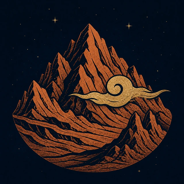 Logafjoll as a terracotta mountain ridge with one worn-gold mist curl.