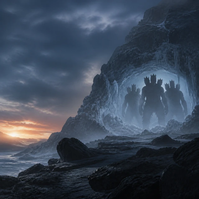 Many-Headed Pursuers, a collective silhouette emerging between icy cave and black rock.