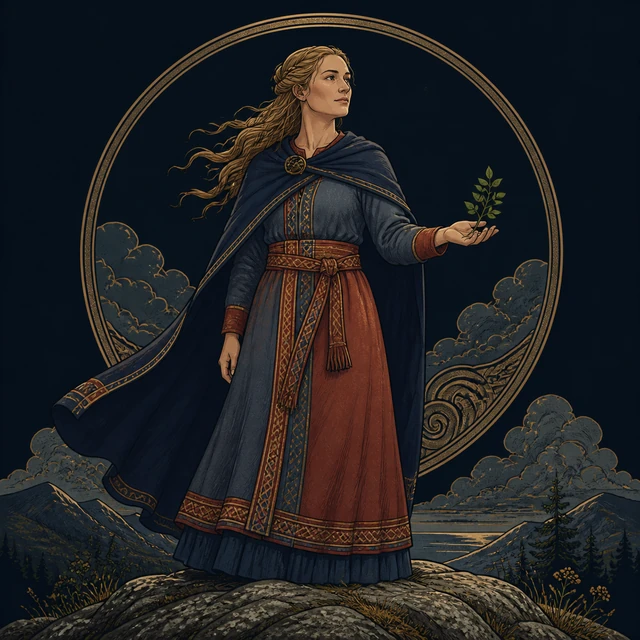 Mengloth waiting on Lyfjaberg stone, holding a green sprig.