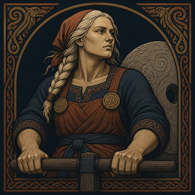 Menja, a giant woman bracing both hands on a horizontal handle before a millstone.