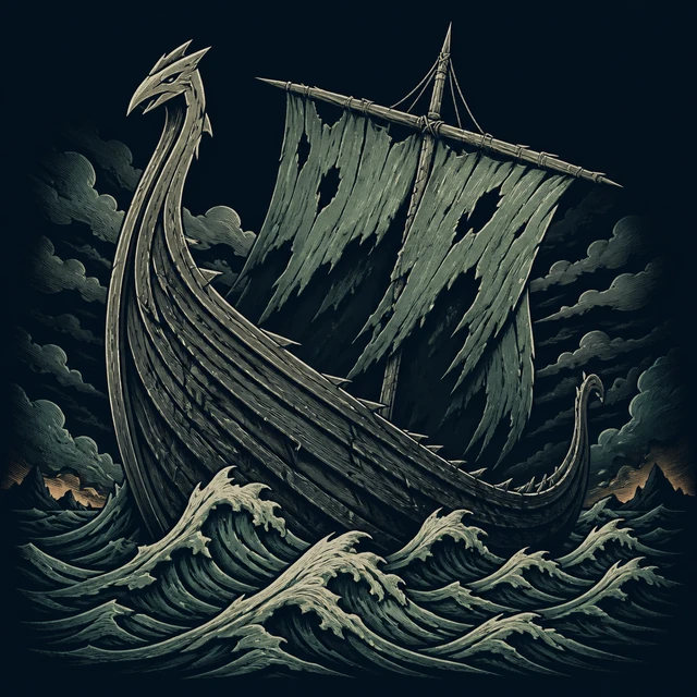 Norse Lichen iron editorial illustration of Naglfar for the atlas detail view.