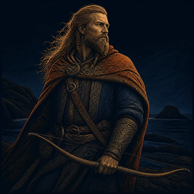 Orvar-Odd, an alert traveller-warrior holding a bow before a rocky shore.