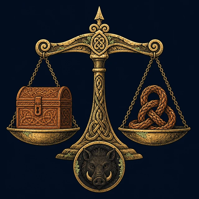 Ottar’s ancestry wager: an inheritance chest and genealogy cord balanced in gold above a boar medallion.
