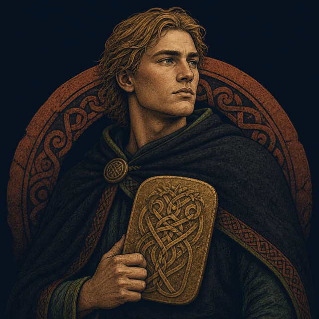 Ottar, a young man in a dark cloak holding a gold ancestry-wager tablet.