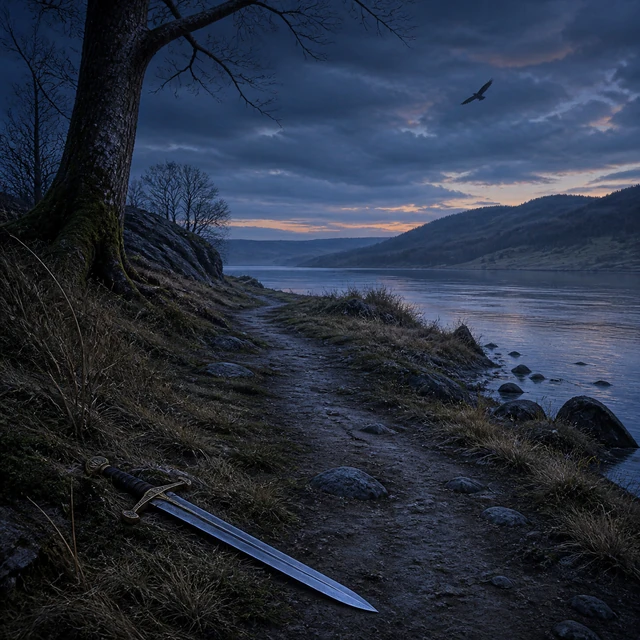 The outdoor killing south of the Rhine, marked by a lone sword on a twilight riverside path.