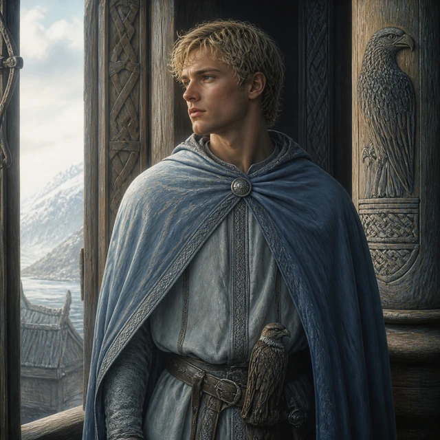 Randver, a young prince in a pale-blue cloak by a high-hall window.