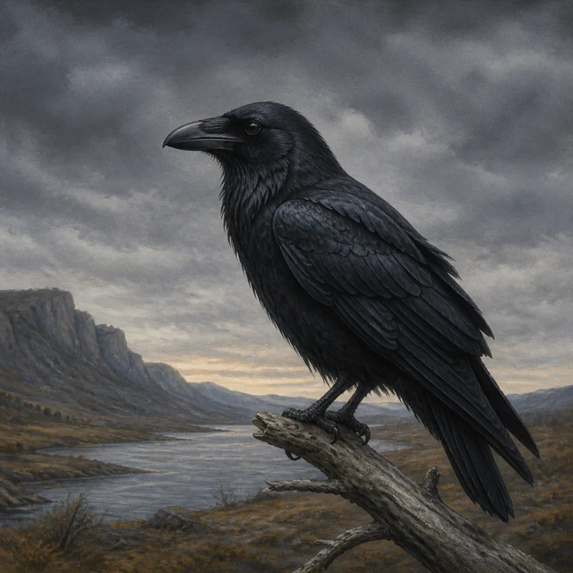 The prophetic raven perched above a cold gray river valley.