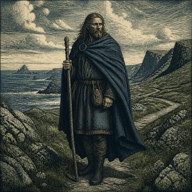 Rig, a traveller in an iron-blue cloak holding a wooden staff on a coastal path.