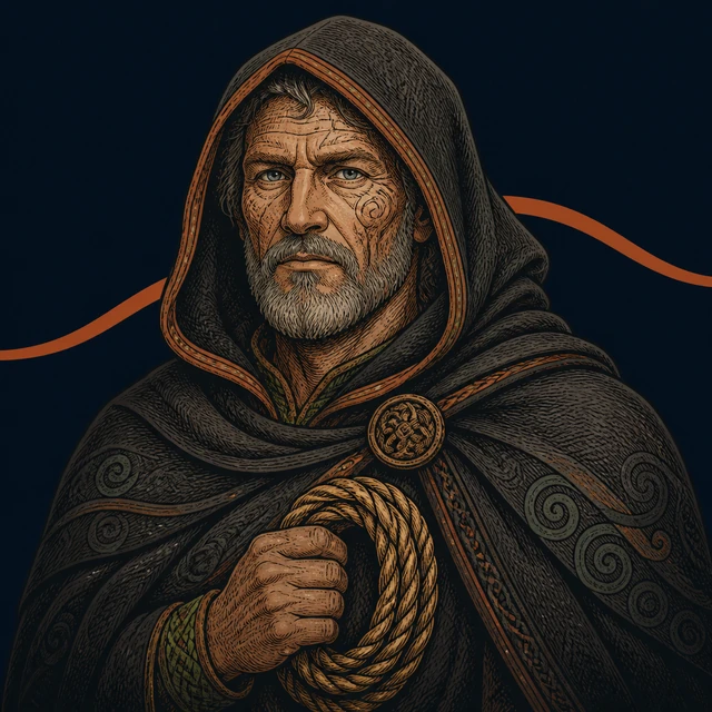Saefari, a hooded lineage ancestor holding a gold rope coil with a wave line behind him.