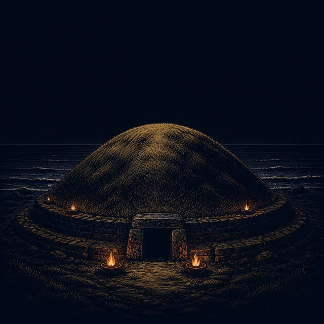 Samsey, a grass mound glowing gold and terracotta beside a dark sea.