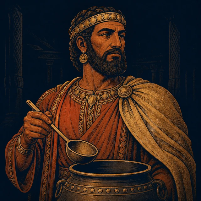 Saxi, a southern king ready to hallow a cauldron with a blank ladle.