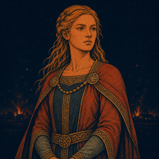 Sigrlin, a resolute woman in a terracotta cloak.