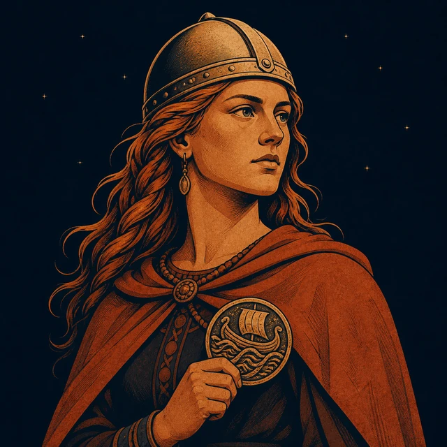 Sigrun in a simple battle helm, holding a worn-gold ship-and-wave mark.