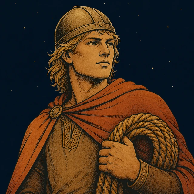 Sinfjotli, a young companion holding a worn-gold ship rope.