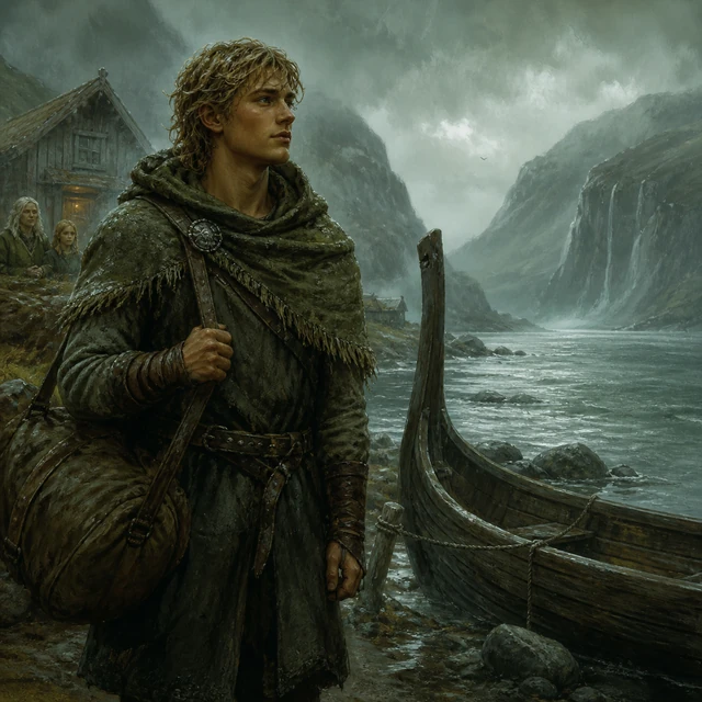 Snaever, a young traveler preparing to leave beside a fjord boat.