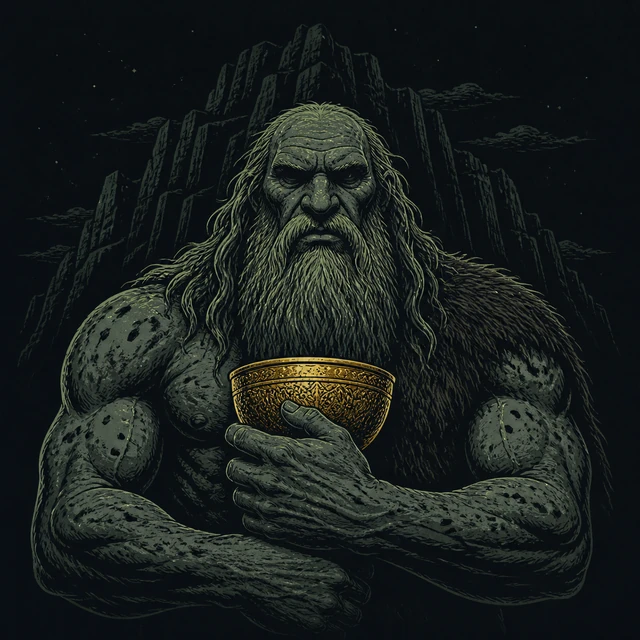 Norse-style detail illustration of Suttungr and his guarded bowl.